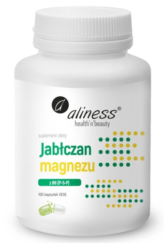 biała plastikowa butelka suplementu diety marki Aliness. Na etykiecie widnieje logo 'aliness health'n'beauty'. Nazwa produktu: 'Jabłczan magnezu z B6 (P-5-P)', opakowanie zawiera 100 kapsułek wegetariańskich (VEGE). Etykieta ozdobiona jest zielono-żółtymi kropkami oraz grafiką przedstawiającą dwie kapsułki – jedna zielona z napisem 'VEGE', druga przezroczysta z napisem 'CAPS'