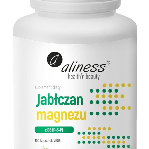 biała plastikowa butelka suplementu diety marki Aliness. Na etykiecie widnieje logo 'aliness health'n'beauty'. Nazwa produktu: 'Jabłczan magnezu z B6 (P-5-P)', opakowanie zawiera 100 kapsułek wegetariańskich (VEGE). Etykieta ozdobiona jest zielono-żółtymi kropkami oraz grafiką przedstawiającą dwie kapsułki – jedna zielona z napisem 'VEGE', druga przezroczysta z napisem 'CAPS'