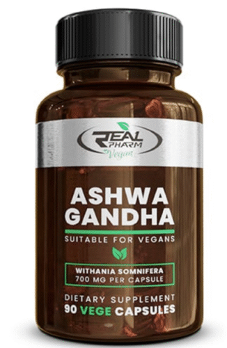 Opakowanie suplementu diety Real Pharm Ashwagandha 90 kapsułek – biała butelka z czarną zakrętką, etykieta z nazwą produktu i informacją o zawartości ekstraktu z ashwagandhy o wysokiej standaryzacji.
