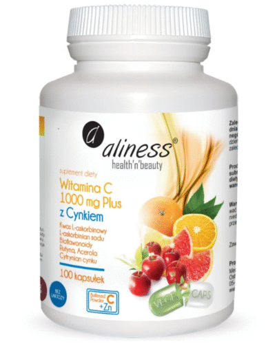 Opakowanie suplementu diety Aliness Witamina C 1000 mg Plus z Cynkiem. Biała butelka z kolorową etykietą przedstawiającą owoce pomarańczy, wiśni i aceroli. Informacje na etykiecie: suplement diety, zawiera kwas L-askorbinowy, L-askorbinian sodu, bioflawonoidy, rutynę, acerolę i cytrynian cynku. Opakowanie zawiera 100 kapsułek wegańskich, produkt bez laktozy.